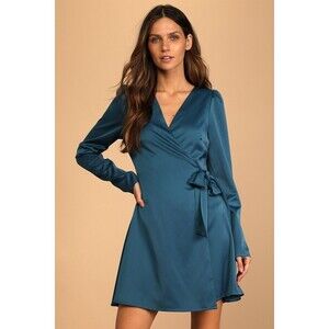 Lulus Festive Forever Teal Blue Satin Long Sleeve Wrap Mini Dress - Size S